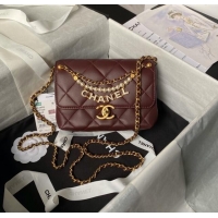 Top Design Chanel Shiny Lambskin Mini Flap Bag with Pearls AS4986 Dark Burgundy 2024