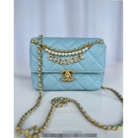 Promotional Chanel Shiny Lambskin Mini Flap Bag with Pearls AS4986 Light Blue 2024