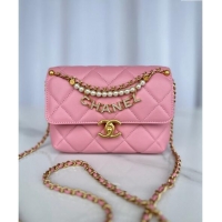 Super Quality Chanel Shiny Lambskin Mini Flap Bag with Pearls AS4986 Pink 2024