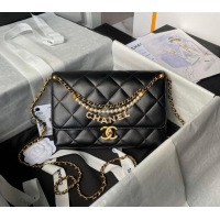 Buy Cheap Chanel Shiny Lambskin Small Flap Bag with Pearls AS5011 Black 2024