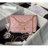 Buy Fashionable Chanel Shiny Lambskin Small Flap Bag with Pearls AS5011 Light Pink 2024