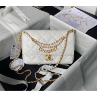 Super Quality Chanel Shiny Lambskin Small Flap Bag with Pearls AS5011 White 2024