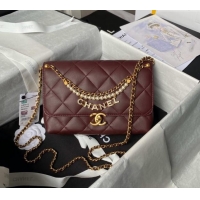 Buy Fashionable Chanel Shiny Lambskin Small Flap Bag with Pearls AS5011 Dark Burgundy 2024