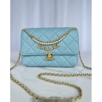 Well Crafted Chanel Shiny Lambskin Small Flap Bag with Pearls AS5011 Light Blue 2024