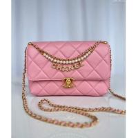 Top Grade Chanel Shiny Lambskin Small Flap Bag with Pearls AS5011 Pink 2024