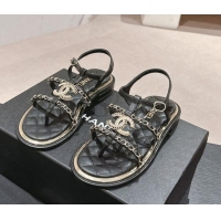 Best Product Chanel Lambskin Flat Sandals with CC and Chain Black 701108