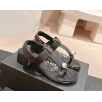 Classic Hot Chanel Lambskin Heel Thong Sandals with Pearl Black 701111