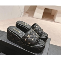 Best Grade Chanel Lambskin Wedge Slides Sandal 6.5cm with Logo Charm Black 701114