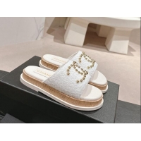 Best Product Chanel Teddy-Cloth Flat Slide Sandals with Studs CC White 701118