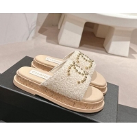 Purchase Chanel Teddy-Cloth Flat Slide Sandals with Studs CC Beige 701119