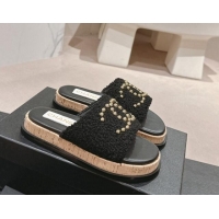 Shop Duplicate Chanel Teddy-Cloth Flat Slide Sandals with Studs CC Black 701121