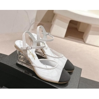 Stylish Chanel Mesh Wedge Pumps with Clear Heel White 701122