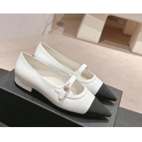 Durable Chanel Calfskin Leather Pointed Mary Janes Ballet Flat White 701126