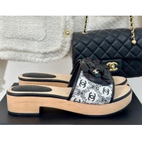 Popular Style Chanel CC Print Canvas Heel Slides Sandal 4cm with Camellia Bloom Black 701134