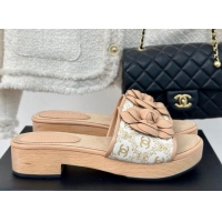 Top Design Chanel CC Print Canvas Heel Slides Sandal 4cm with Camellia Bloom Beige 701135