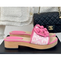 Good Looking Chanel CC Print Canvas Heel Slides Sandal 4cm with Camellia Bloom Pink 701136