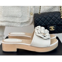 Charming Chanel Calfskin Heel Slides Sandal 4cm with Camellia Bloom White 701139