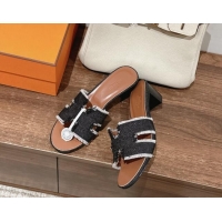 Good Product Hermes Oasis Heel Slide Sandals 5cm in Fringe Denim Black 606001