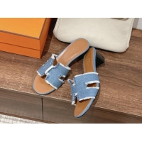 Stylish Hermes Oasis Heel Slide Sandals 5cm in Fringe Denim Blue 606003