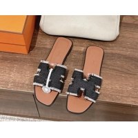 Best Product Hermes Oran Flat Slide Sandals in Fringe Denim Black 606002