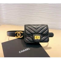 New Style Chanel Boy Chevron Lambskin Pouch Belt with CC 0708 Black 2024