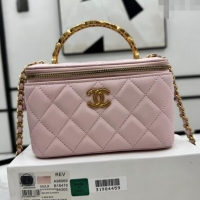 New Design Chanel Lambskin Vanity Case Clutch with Chain A96069 Pink 2024