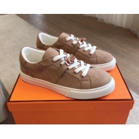 Charming Hermes Day Sneakers in Suede with Kelly Buckle Light Brown 606030