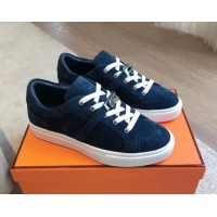 Best Grade Hermes Day Sneakers in Suede with Kelly Buckle Dark Blue 606031