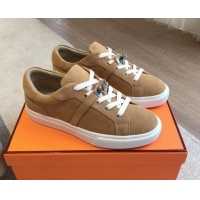 Stylish Hermes Day Sneakers in Suede with Kelly Buckle Camel Brown 606032