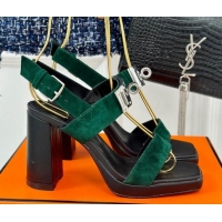 Top Grade Hermes Ilona High Heel Sandals 9.5cm with Kelly Buckle in Suede Green 606049