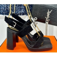 Good Looking Hermes Ilona High Heel Sandals 9.5cm with Kelly Buckle in Suede Black 606050