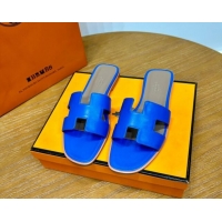 Most Popular Hermes Oran Classic Swift Calfskin Flat Slide Sandals Electric Blue 62602