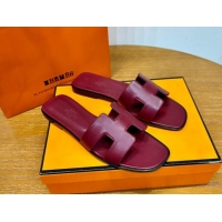 Charming Hermes Oran Classic Swift Calfskin Flat Slide Sandals Burgundy 062604