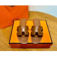 Pretty Style Hermes Oran Classic Swift Calfskin Flat Slide Sandals Brown 062610