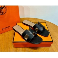 Luxury Hermes Oran Classic Swift Calfskin Flat Slide Sandals Tan/Black 062614