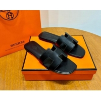 Top Design Hermes Oran Classic Swift Calfskin Flat Slide Sandals Black 062615