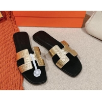 Low Cost Hermes Classic Oran Flat Slide Sandals in Crocodile Embossed Leather Gold 703001