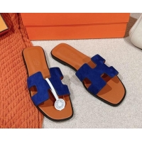 Best Product Hermes Classic Oran Flat Slide Sandals in Suede Blue 703002