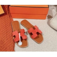 Trendy Design Hermes Classic Oran Flat Slide Sandals in Suede Orange 703004