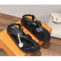 Stylish Hermes Inboard Flat Sandals with Buckle in Nappa Leather Black 703006