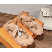 Best Grade Hermes Inboard Flat Sandals with Buckle in Nappa Leather Nude 703007