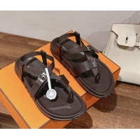 Low Price Hermes Inboard Flat Sandals with Buckle in Nappa Leather Brown 703009