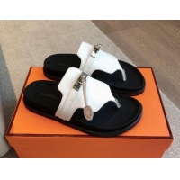 Duplicate Hermes Empire Thong Slide Sandal in Calfskin with Kelly Buckle White 703010