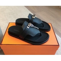 Stylish Hermes Empire Thong Slide Sandal in Calfskin with Kelly Buckle Black 703011