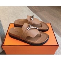 Sophisticated Hermes Empire Thong Slide Sandal in Calfskin with Kelly Buckle Brown 703013