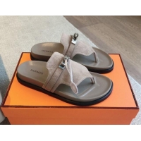 Most Popular Hermes Empire Thong Slide Sandal in Suede with Kelly Buckle Dark Grey 703014