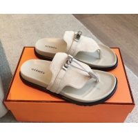 Pretty Style Hermes Empire Thong Slide Sandal in Suede with Kelly Buckle Cream White 703015