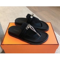 Popular Style Hermes Empire Thong Slide Sandal in Suede with Kelly Buckle Black 703016