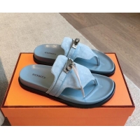 Good Looking Hermes Empire Thong Slide Sandal in Suede with Kelly Buckle Light Blue 703017