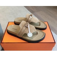 Top Grade Hermes Empire Thong Slide Sandal in Suede with Kelly Buckle Beige 703018